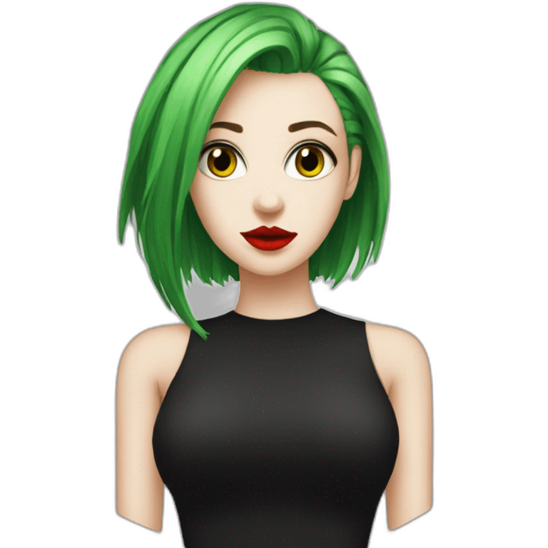 green hair, white girl, red lips, looking camera, emo, short hair, black dress emoji