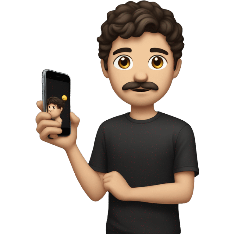 young man with medium size dark brown hair to front, iphone in hands, black oversized t shirt, little mustache and little beard emoji