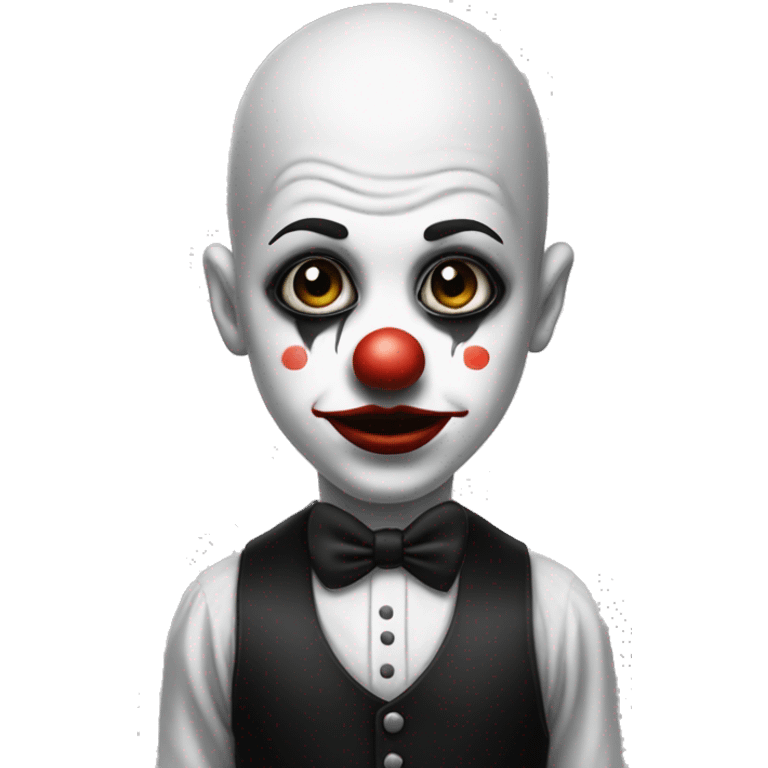 A clown with a black little had whos bald that is wearing a half white and have black outfit with black big lips emoji