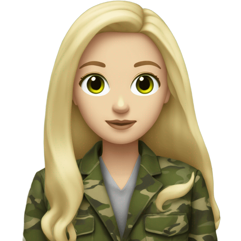 White girl with Long blonde hair and green eyes, camouflage Wool oversize blazer emoji