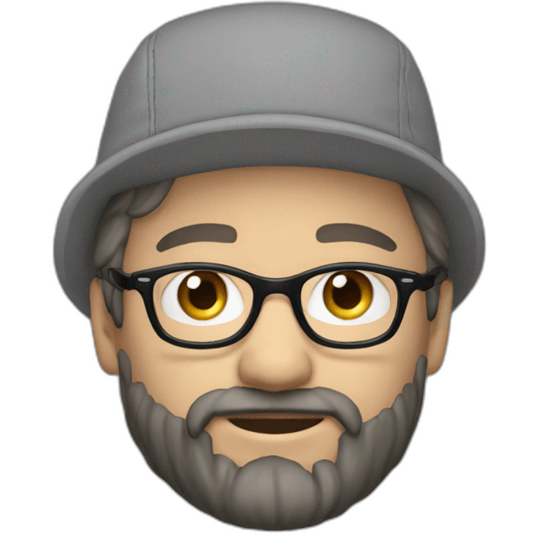 Man with long blonde hair blue eyes black rim glasses, beard and a light grey hat on backwards emoji