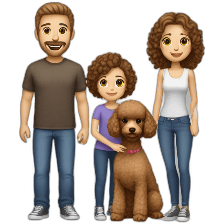 A family consisting of 1 man with light brown hair, 1 woman with dark brown hair and a toy poodle with brown hair emoji