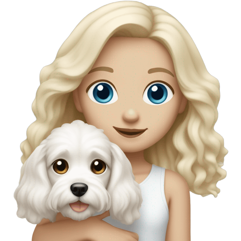 Blonde girl blue eyes holding white cavachon dog emoji