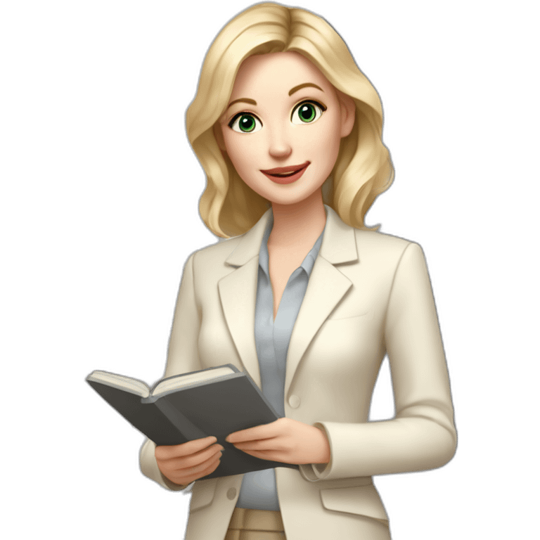 pale skin woman interior designer with cold blonde middle length hair, gray eyes, White classical jacket, beige blouse, Gray skirt holding a color palette in the hands emoji