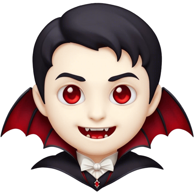 Cinematic Cute Vampire Portrait Emoji, with a refined yet playful small, rounded pale face accented by tiny, cute fangs and bright, twinkling eyes, sporting miniature elegant dark attire with a hint of crimson, simplified yet irresistibly charming, highly detailed with a soft glowing outline that captures the delightful duality of spooky sweetness and stylish allure! emoji