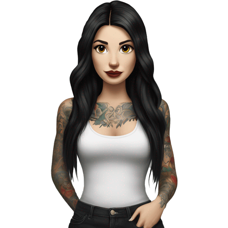 Hyperrealistic beautiful white girl with tattoos, with long black hair  emoji