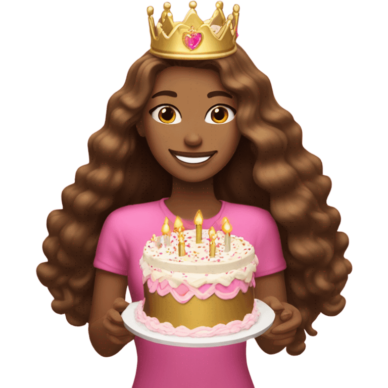 Beautiful long haired light skinned brunette with pink birthday cake and gold crown emoji