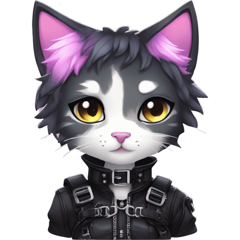 Gorgeous edgy cute shiny epic punk magical gradient gothic dark techwear anime style anthro cat with blushing face aesthetic and pretty edgy black with collar and harness trending style emoji