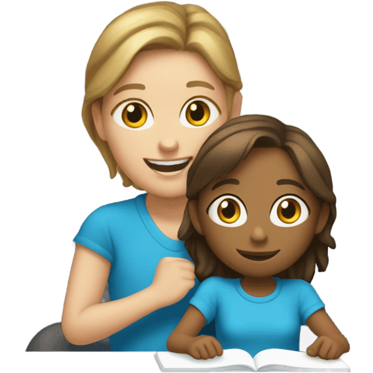 One Little Girl, white skin, bronze hair, smile, tutor, bright blue t shirt, icon  emoji