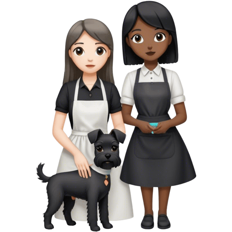 pale girl with long back hair wearing black long shirt wearing apron holding black girl schnauzer emoji