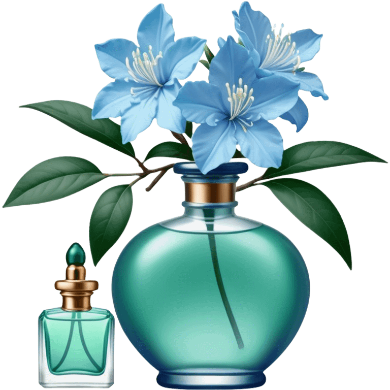 Aesthetic ensemble of soft blue azaleas alongside a charming vintage green perfume bottle.
 emoji