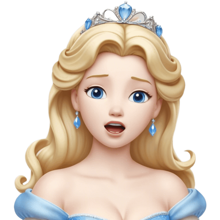 Cinematic Realistic Yawning Cinderella Portrait, showcasing lifelike porcelain skin and intricately detailed golden-blonde hair styled flawlessly as she mid-yawn reveals a moment of tender vulnerability. Her half-closed blue eyes and relaxed expression are rendered with natural, soft lighting that emphasizes the subtle textures of her face and the detailed, flowing fabric of her iconic gown. The scene glows with a cozy, authentic warmth that captures a rare, intimate moment of repose. emoji