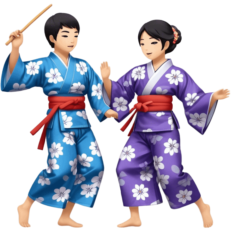 Cinematic Realistic scene of two performers engaging in Bon Odori, dressed in traditional yukata with intricate summer patterns, captured in graceful, rhythmic motion with warm, festive lighting emoji