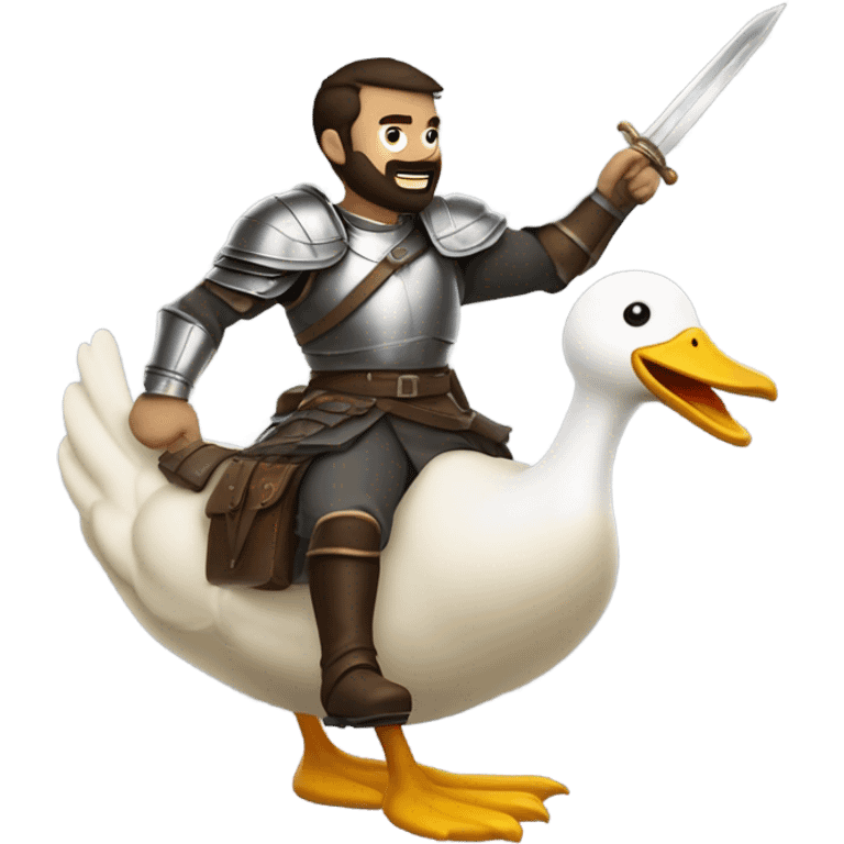 Confident armored White Man with dark brown hair and a short beard pointing forward with one arm holding a sword and yelling a battle charge while riding on the back of a giant duck emoji