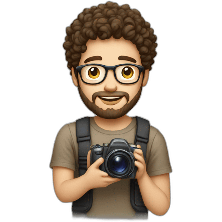 young white guy with dark brown curly hair round face and goatee beard nerd tshirt holding camera emoji