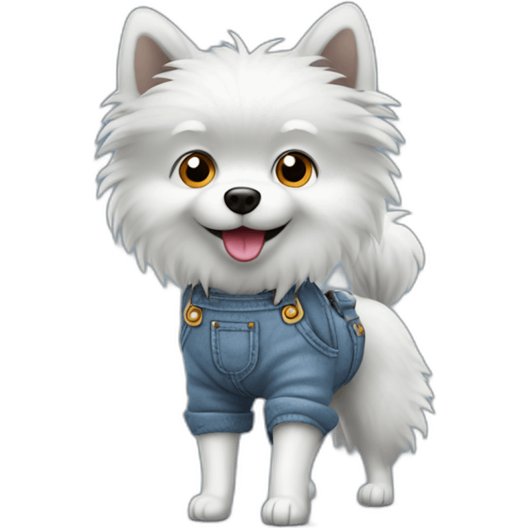 Gray small spitz walking in overalls emoji