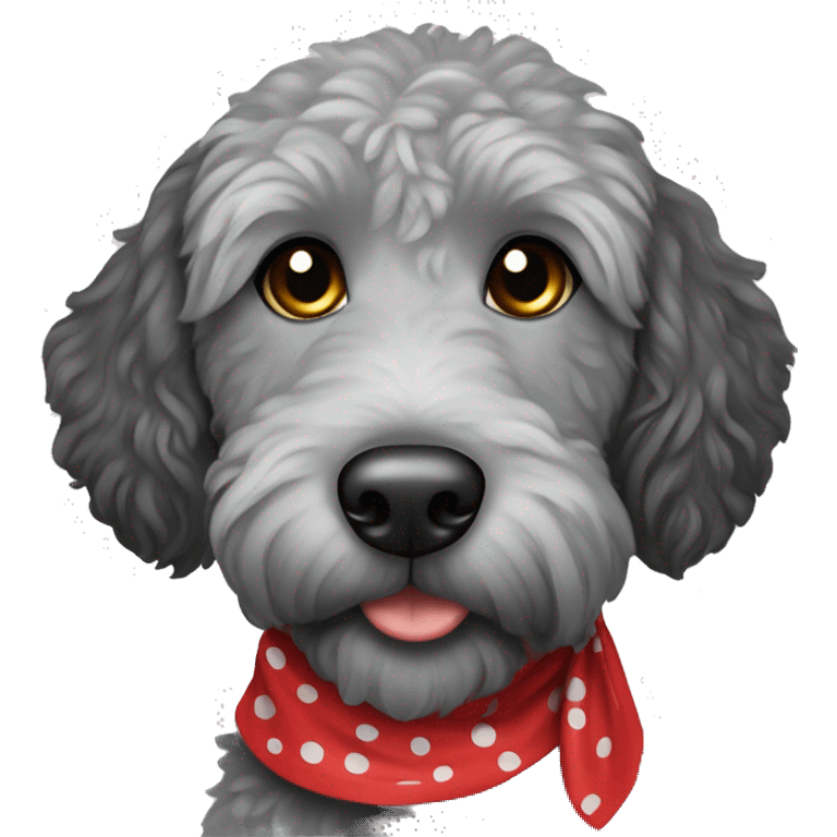 grey and black spotted labradoodle with red bandana emoji