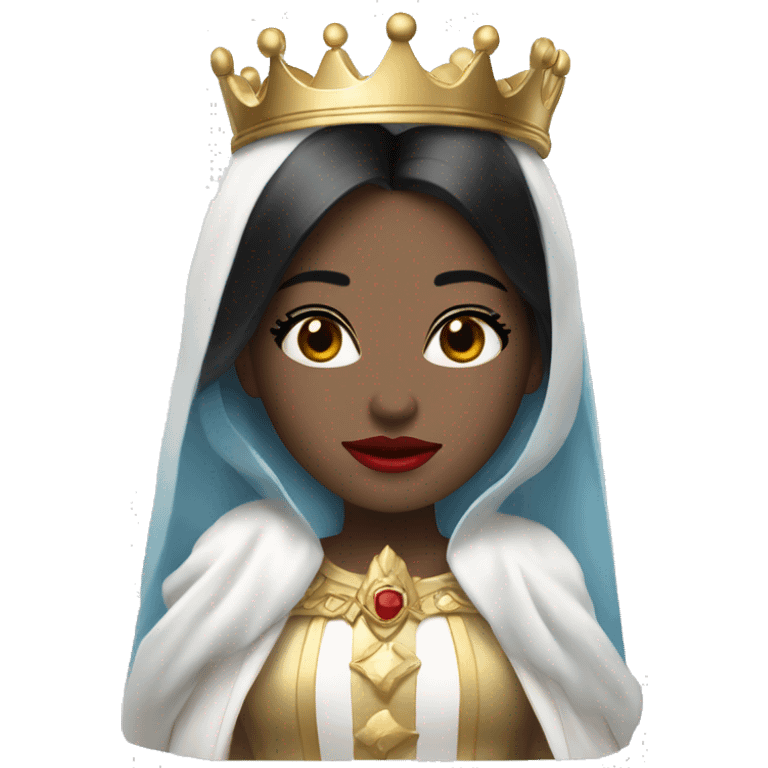 Queen with pale skin, icy blue eyes, bright red lips, long black hair, gold crown, and white robes. emoji