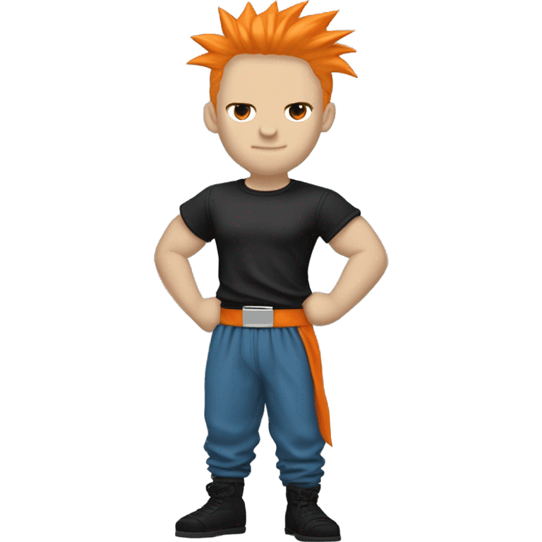 Silver spiked hair
Very white skin
Black eyes
Orange gi T-shirt and pants over blue short-sleeved T-shirt
Black shoes
Black wrist bands on both wrists
Black belt emoji