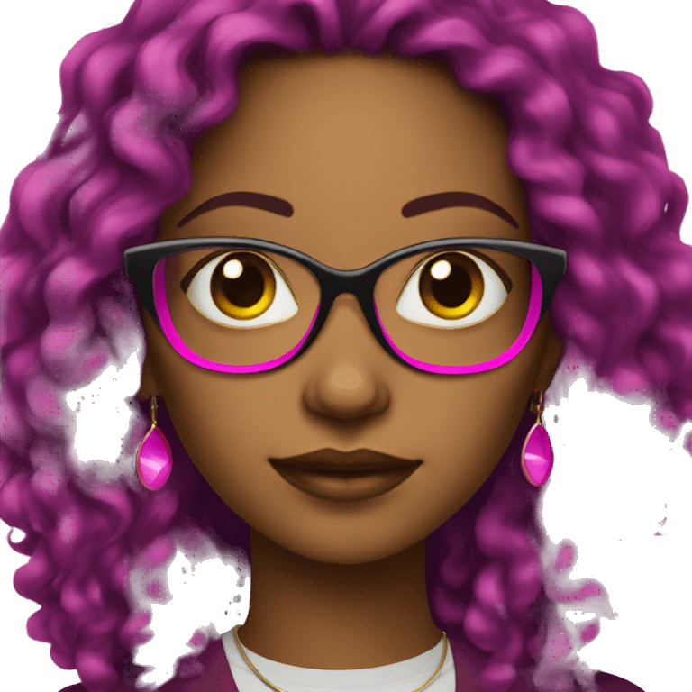 black women with earrings with fuchsia glasses with long black curly hair emoji