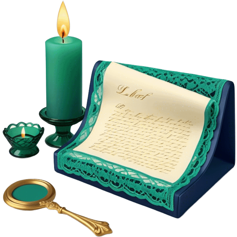 A nostalgic still life of a lace-adorned love letter in deep green, placed beside a vintage glass candle in navy blue. emoji