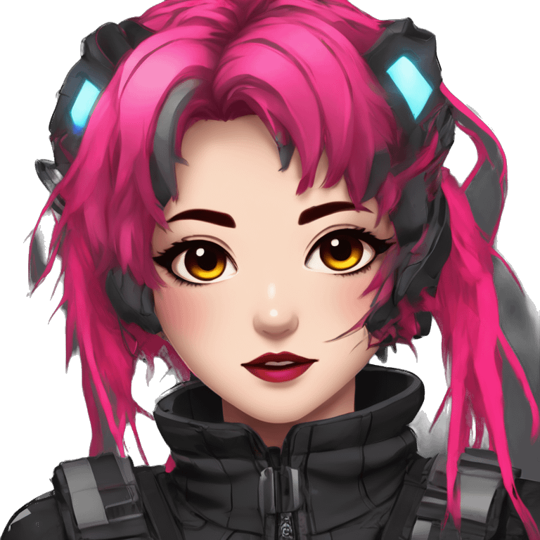 Gorgeous futuristic neon techwear anime style lady with blushing face aesthetic and pretty edgy black red punk messy wild cute hair with collar and harness trending style emoji