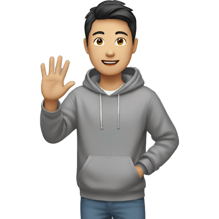 asian boy in grey hoodie waving at friends emoji