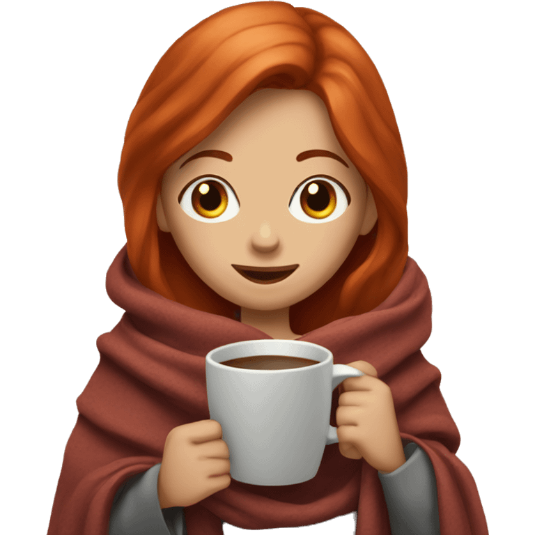 Red hair girl with hazel eyes and with a blanket around her and a coffe cup in hands emoji