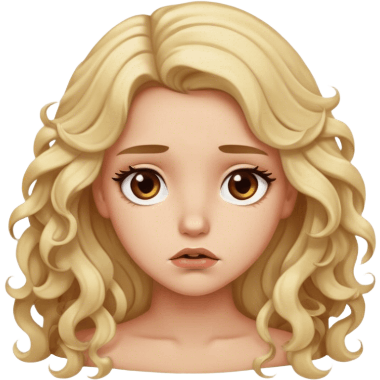 blonde model, brown eyes, long curls, sad emoji