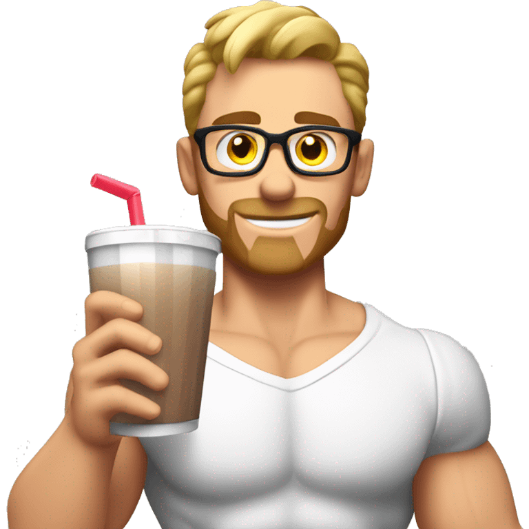 caucasian white muscled guy drinking a protein shake, half body shirtless, wear glasses emoji