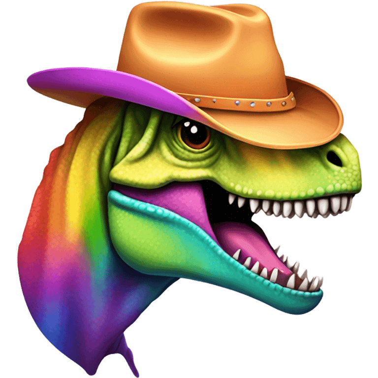 Rainbow dinosaur T-Rex with a cowboy hat emoji