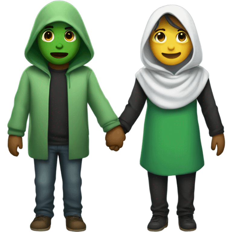 Hooded alian with green skin holding hands with a other person and looking away. 2 people in the picure emoji