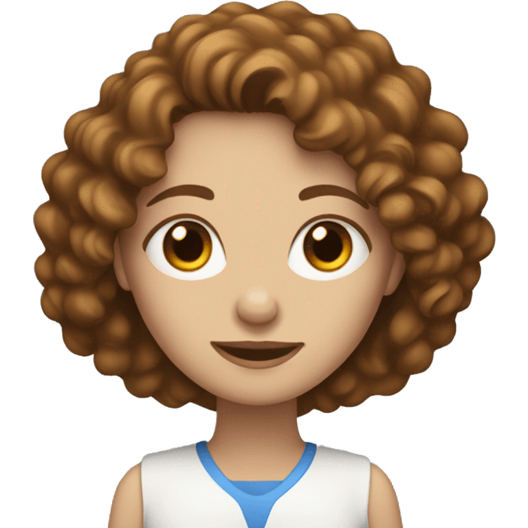 White women with the brown curly hair and blue eyes work at the laptop  emoji