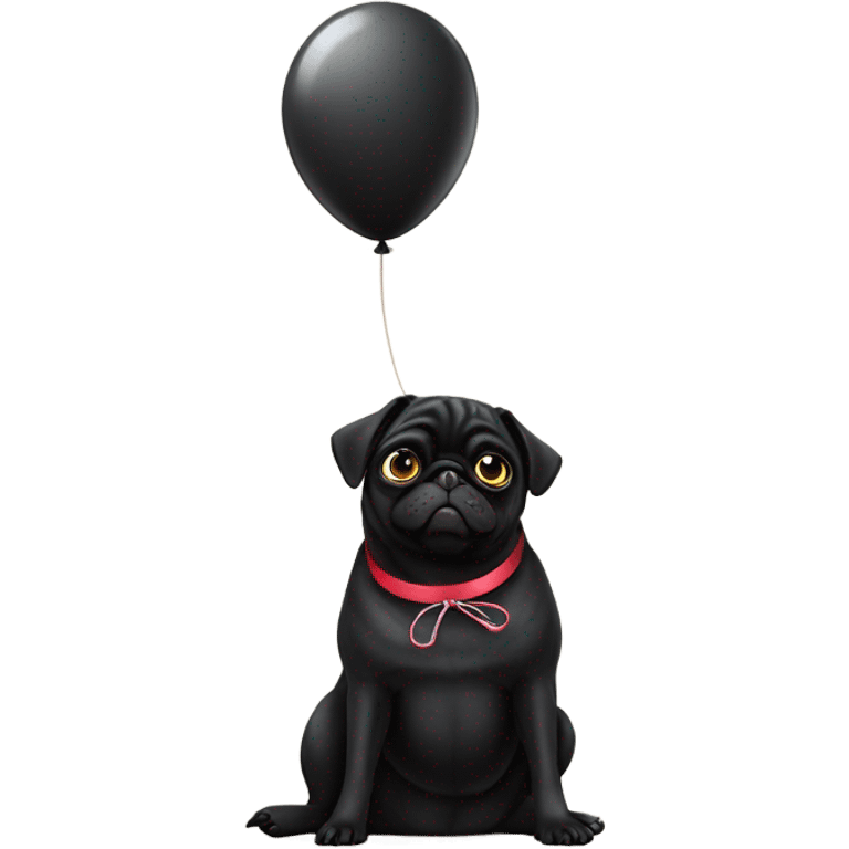 Black pug  and a ballon that says  “I’m sorry” emoji