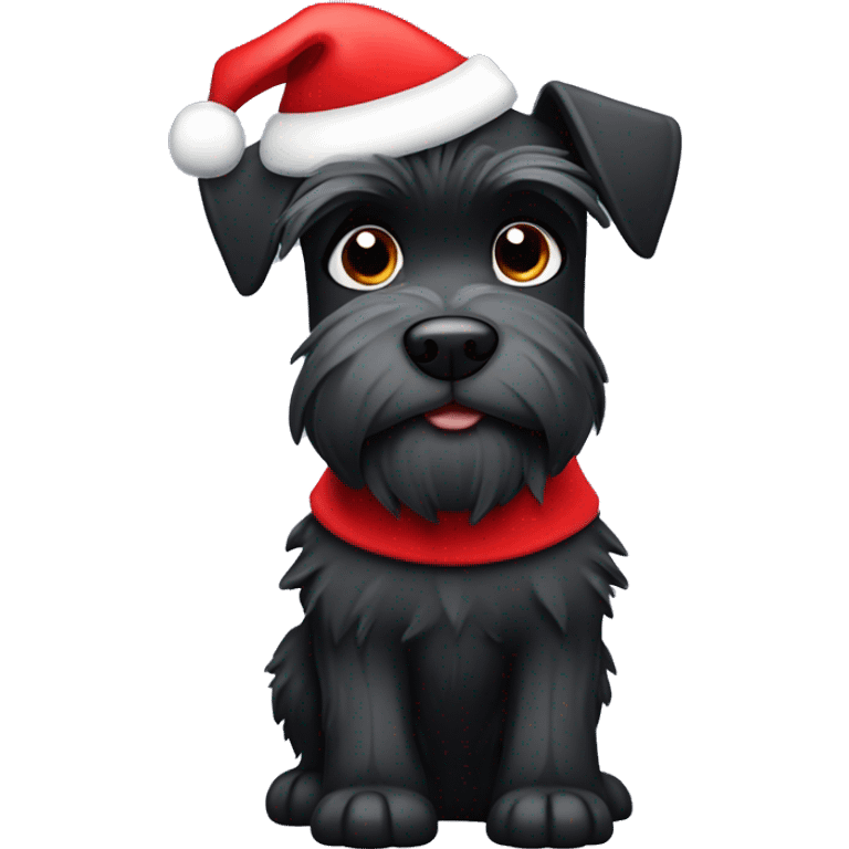 Black miniature schnauzer with spiky hair wearing a Santa hat emoji