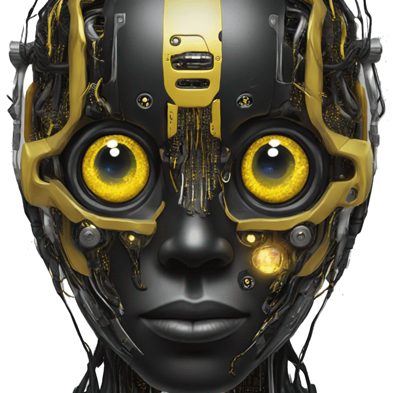 black and yellow cyborg head with circuitry and artificial eyeball emoji