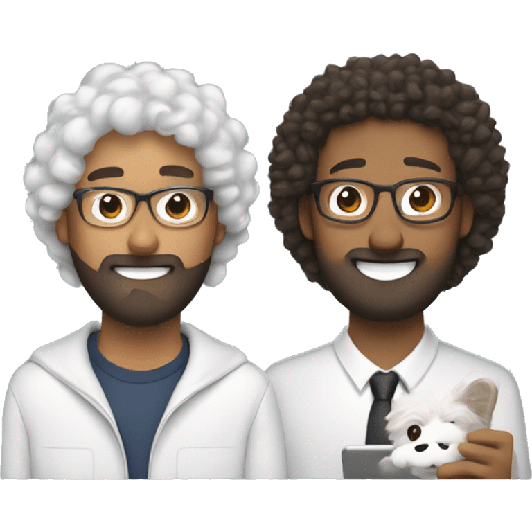 two people working remotely. One has short curly hair and trimmed beard. The other has curly hair, AirPods, and is holding a Samoyed. Both heads are at the top, with a laptop in the center, and two curved arrows forming a feedback loop between them emoji