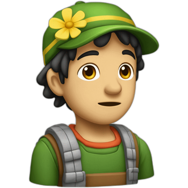 Chavo de camisa verde con flores pequeñas amarillas de cabello negro y tez claro medio triste  emoji