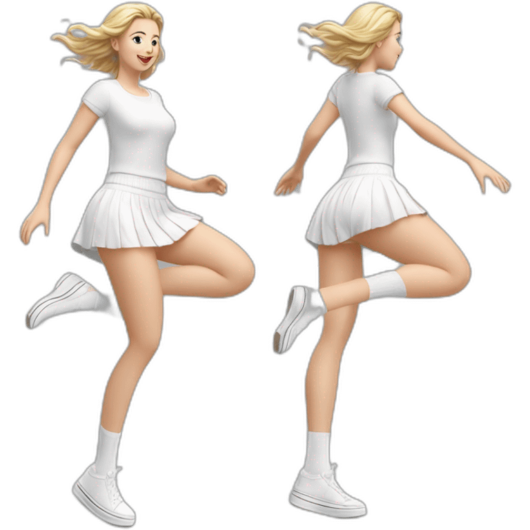 hyperrealistic-full-body-caucasian-curvy-beauty-jumping-small white-skirt-back-and-front-views-strong-wind-white knickers white socks emoji