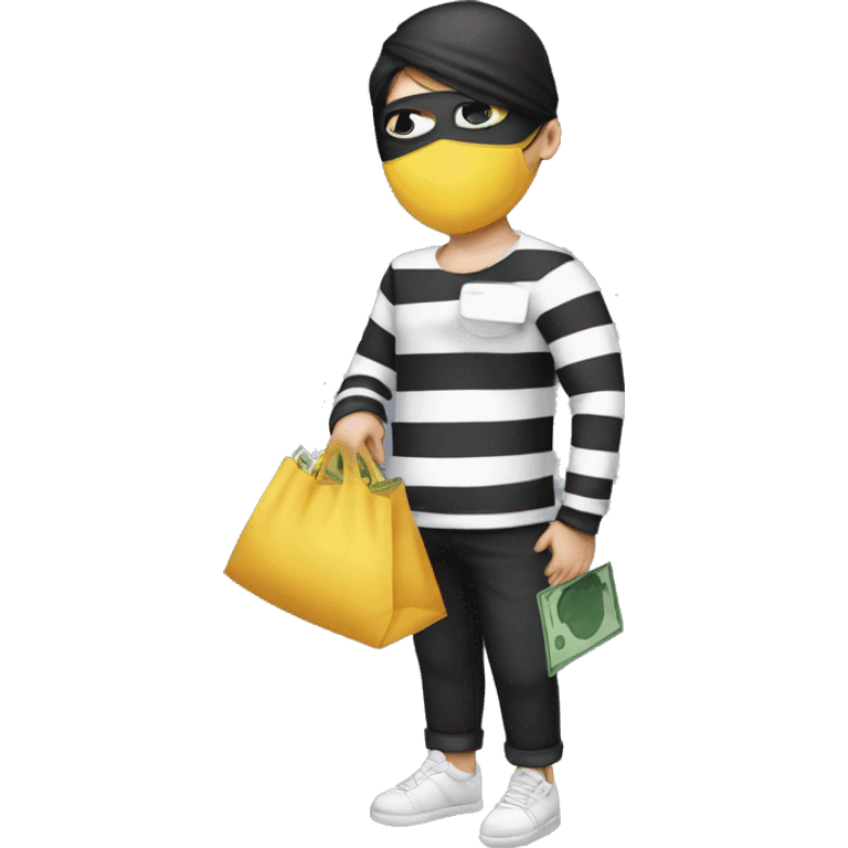  and a long sleeved white and black horizontally striped t-shirt and wearing black eye mask and holding a bag of money in their left shoulder emoji