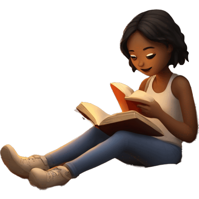 Girl reading a book next to a cozy fire emoji