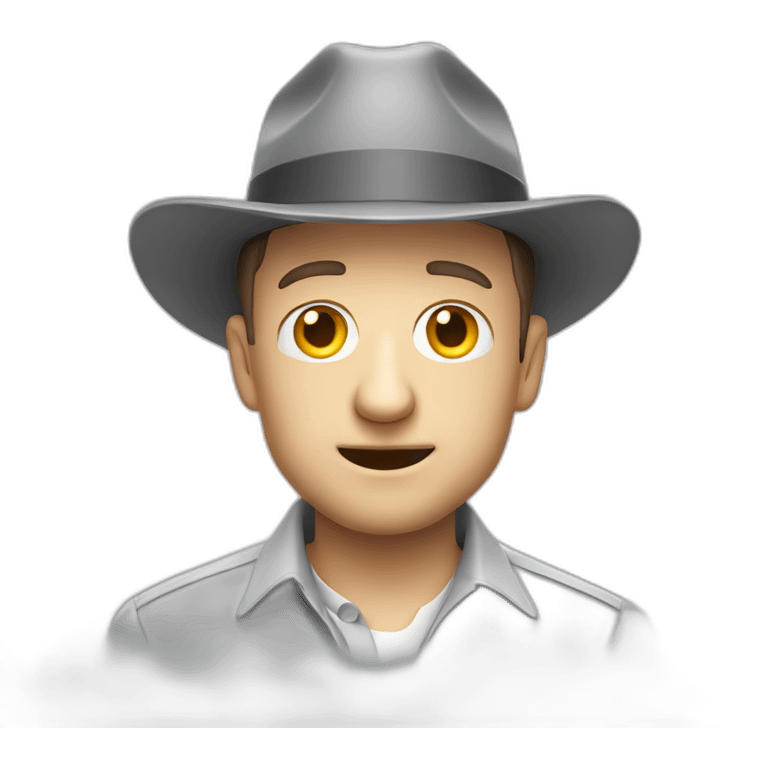 tim robinson wearing a grey fedora with a grey flap on the back white shirt looking scared emoji