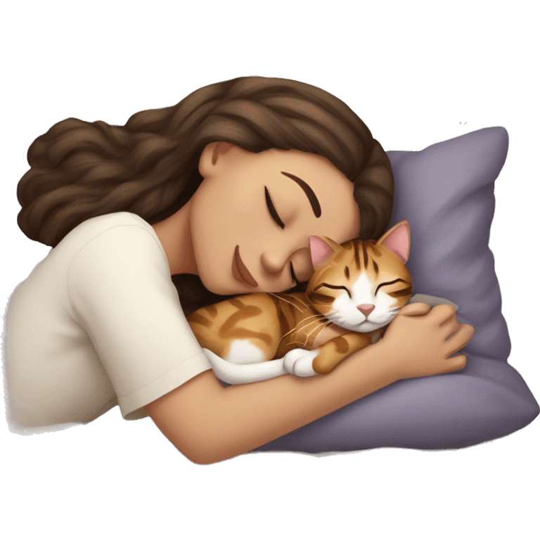 extremely light skin brunette girl sleeping with cute bengal cat emoji