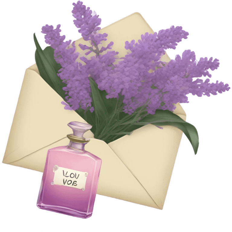 Aesthetic still life of soft violet mimosa flowers, a vintage-style pink perfume bottle, and a lavender love note delicately placed in an envelope.
 emoji