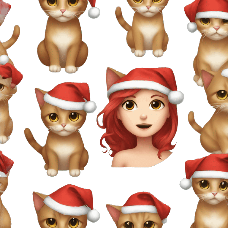 cherry red hair cute girl holding burmese brown cat in christmas cap emoji