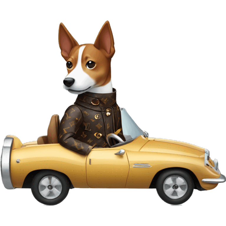 a basenji in a louis vuitton jacket riding in a sports car. emoji