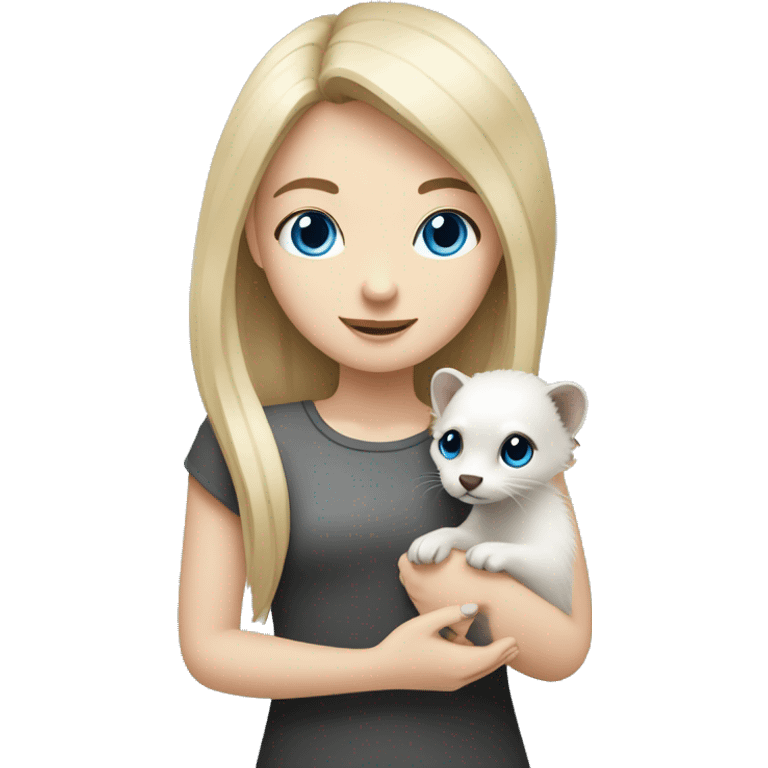 Blonde girl with blue eyes holding in hands a ferret grey and white colour with black eyes emoji