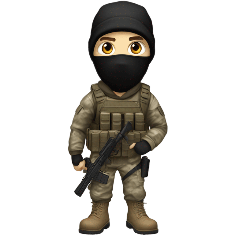 White male, call of duty black mask, camo tactical gear, tan combat boots, black beanie, blue eyes emoji