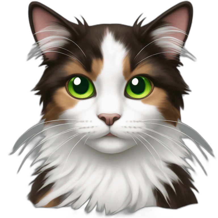 longhaired dark brown and white calico cat with green eyes with colourful fluff ball emoji