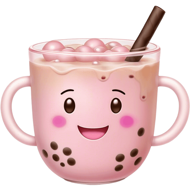 Cute Kawaii Boba Tea Cup, with a happy smiling face, chubby round shape, pastel pink and brown colors, soft glowing highlights, adorable tapioca pearls floating inside, sparkling eyes full of joy! emoji